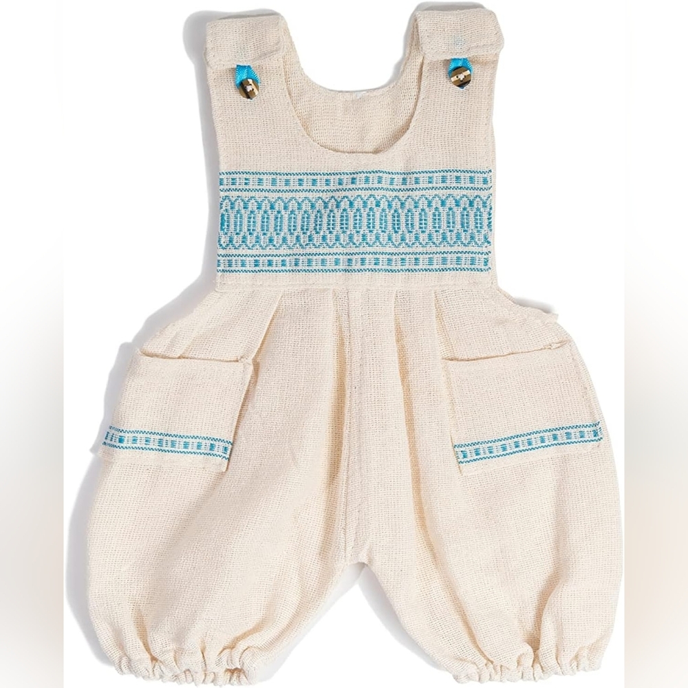 Cream and Blue Embroidered Baby Overalls